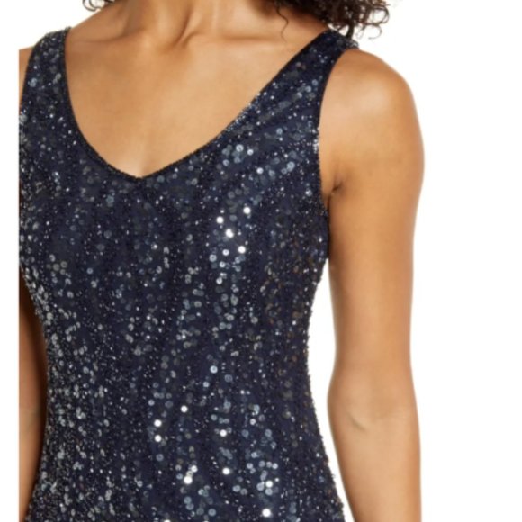 PISARRO NIGHTS  SEQUIN & BEADED SLEEVELESS NAVY  GOWN sz 4 - Picture 4 of 9